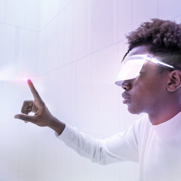 Virtual assistant technology circle with black man using transparent screen digital remix