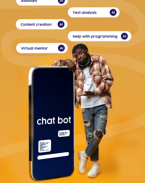 A person leans against a large smartphone displaying features of a chatbot. The background is vibrant orange, highlighting the advanced technology for content creation and virtual mentorship.